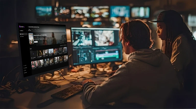 Production collaborators reviewing ScreenKey in an editing room